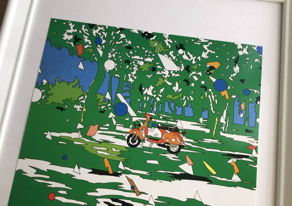 kj ☆額装品☆ 鈴木英人 初期デザイン 貴重イラスト ベスパ A4サイズ額