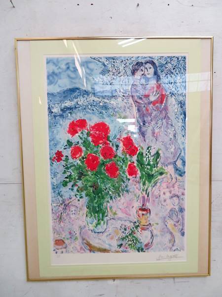 シャガール | 作品証明 絵画「赤い薔薇と恋人たち」額縁4色選択可能