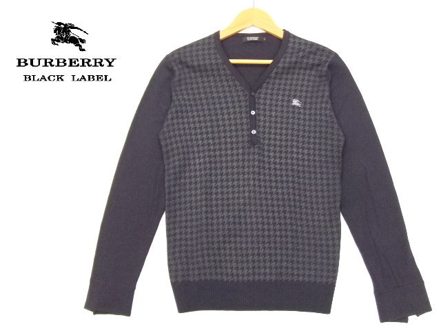 お得，最新作 BURBERRY BLACK LABEL 薄手 ヘンリーネックセーター 濃紺 サイズ2 千鳥格子柄 ニット 羊毛 ウール バーバリーブラックレーベル(トップス)｜売買されたオークション情報、yahooの商品情報をアーカイ 男性用