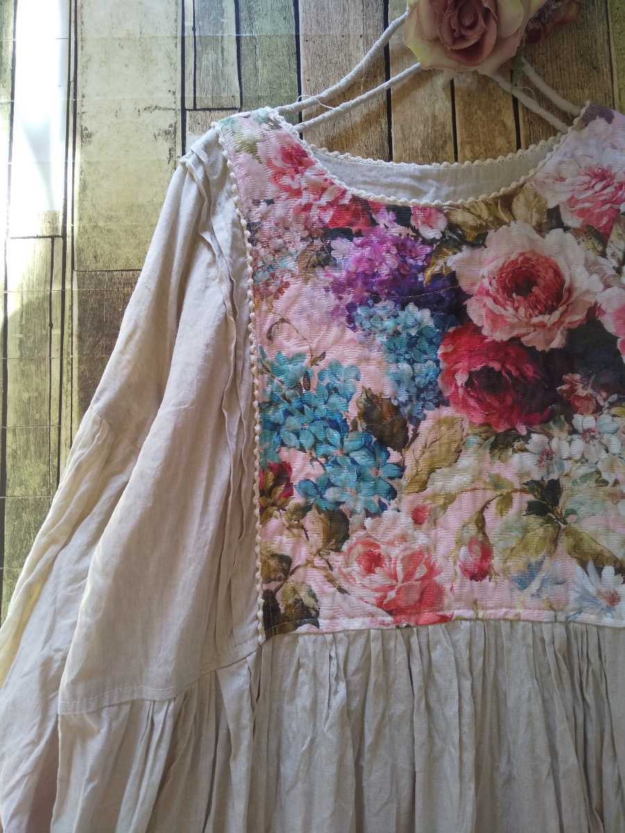  &hellip;ハンドメイド&hellip;ハーフリネンと花柄の切替ワンピ(ワンピース)｜売買されたオークション情報、yahooの商品情報をアーカイブ公開 - オークファン ワンピース