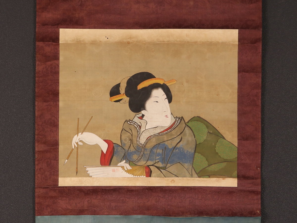 文 掛軸 渓斎英泉 : 湯女図』木版画 人物画 絹本 復刻浮世絵『重要文化