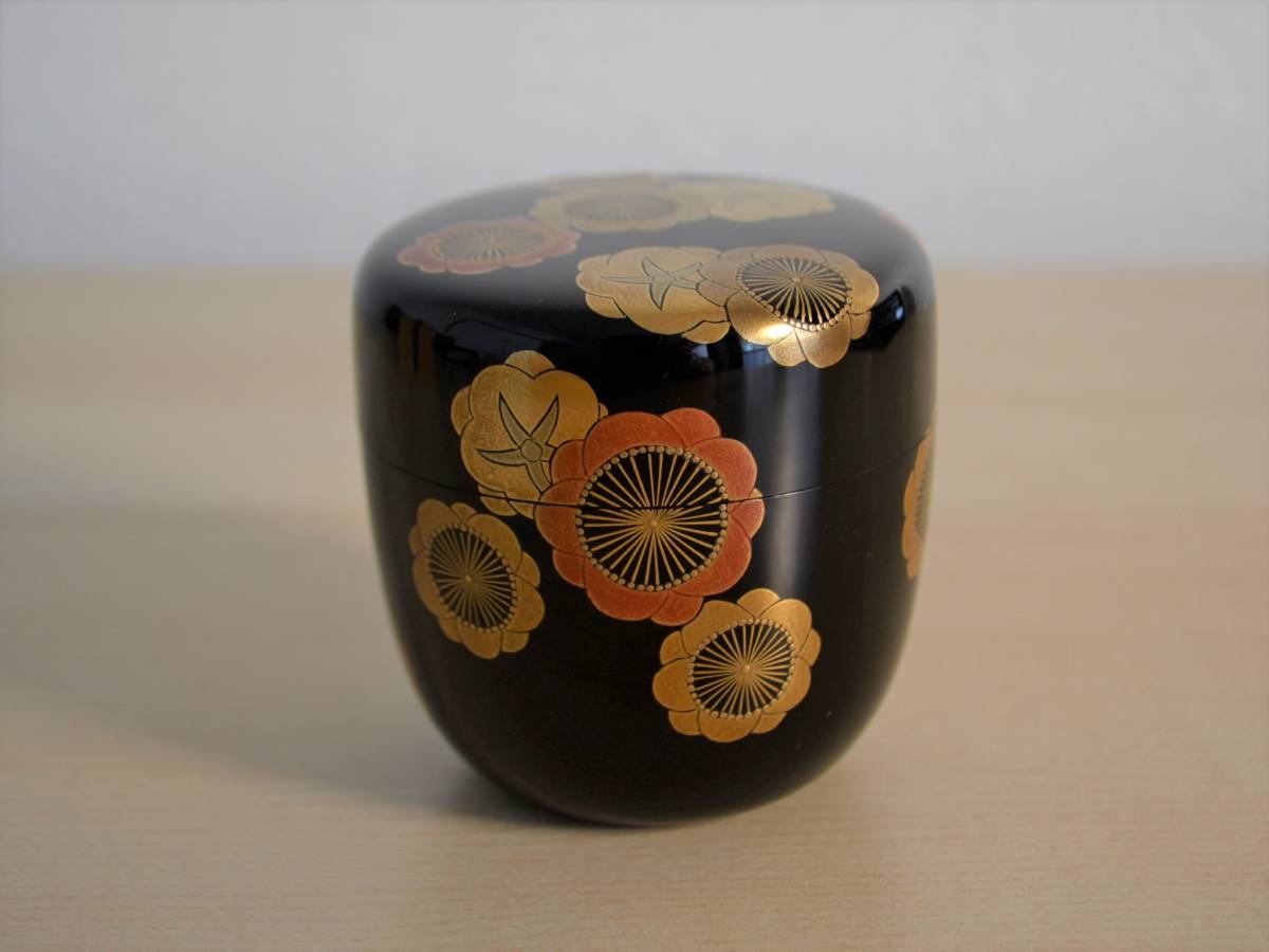 棗 溢梅蒔絵 黒棗 内銀 銀溜 春斉造 茶道具 茶入 R20343 【公式通販】