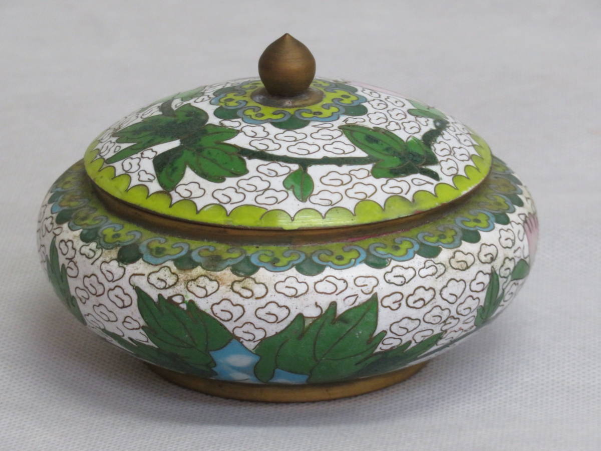 昭和レトロ 仏具入れ ☆グリーン系の七宝焼き 花柄 花絵 蓮 香合