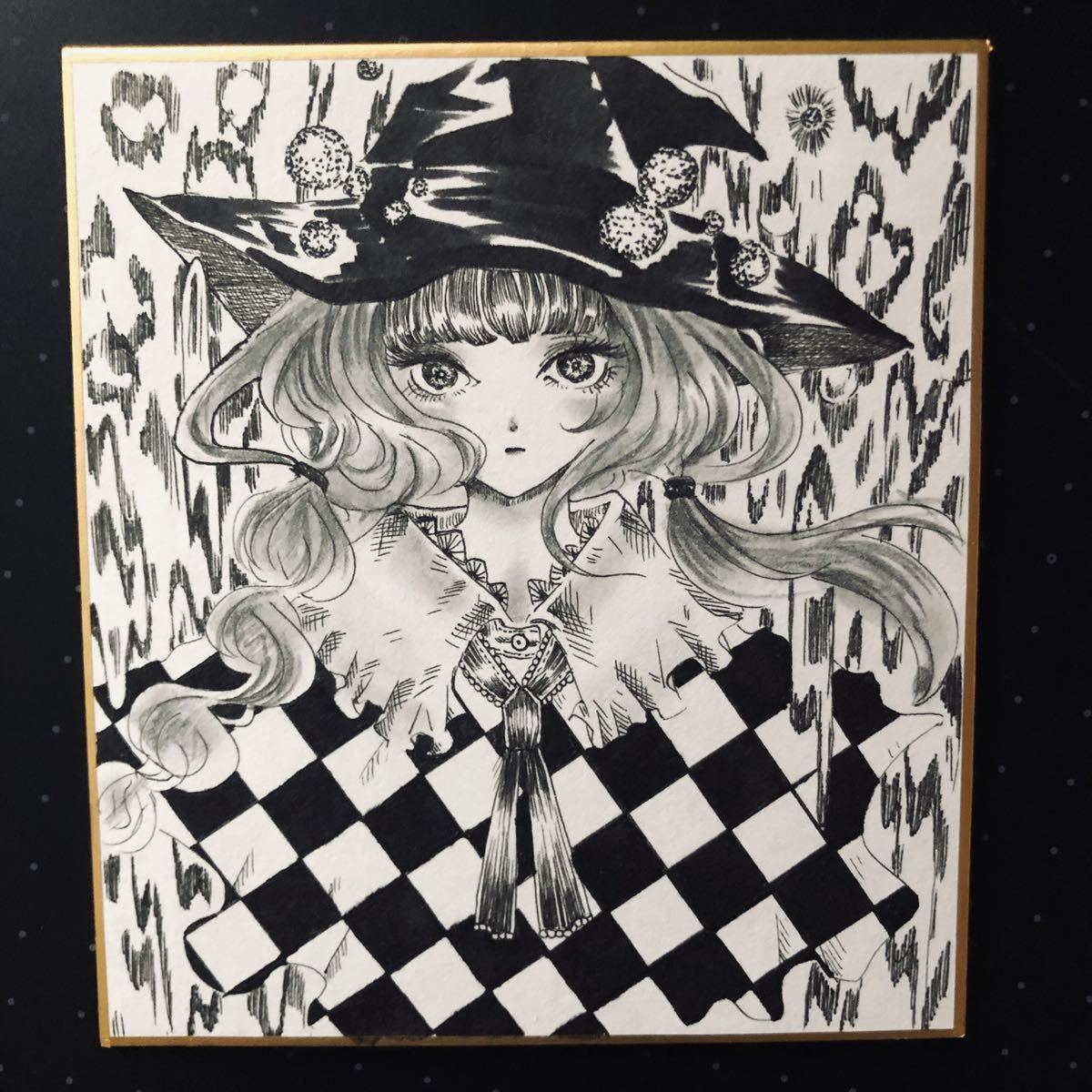 オリジナルモノクロ手描きイラスト 【チェッカーの魔女】(手描き