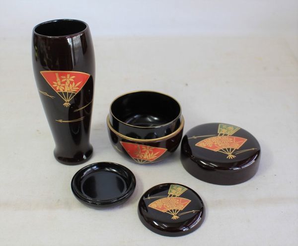 C544 【未使用】 茶箱 扇面 本金蒔絵 溜塗 木製/本うるし塗 茶道具