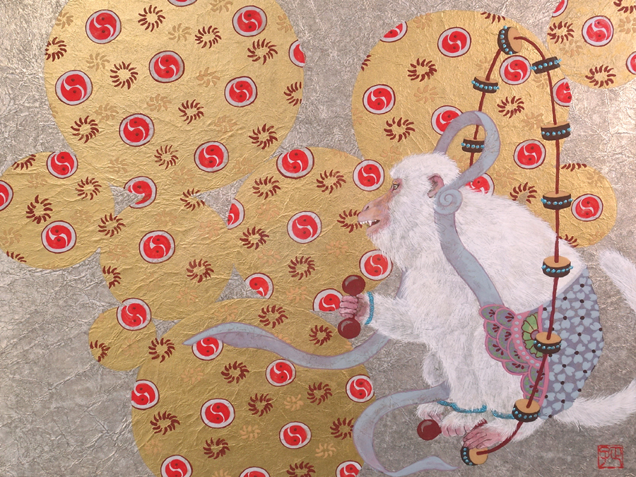 ∇花∇某私設美術館展示品 【金木正子】真筆 紙本(金銀箔地)彩色8号現代琳派傑作「老猿～雷神之図(阿形)～」 対となる風神(吽形)も出品中！