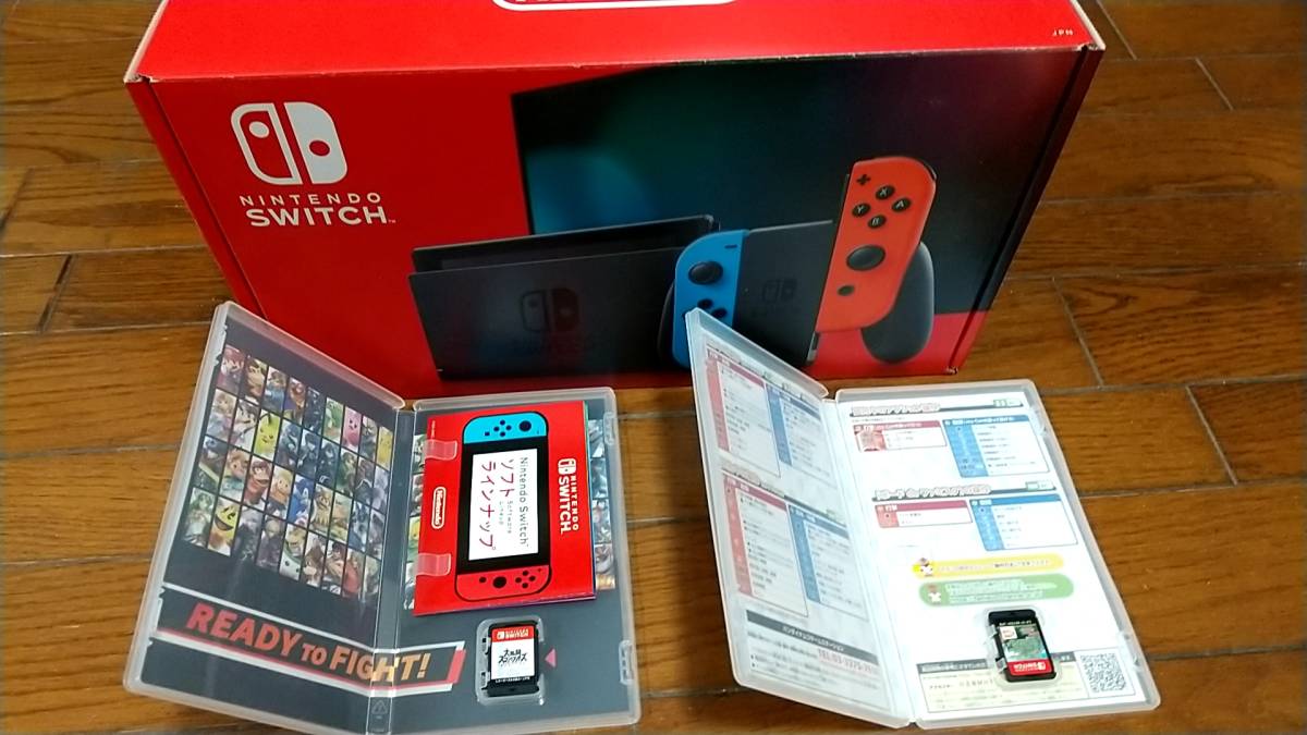 新型 Nintendo Switch ニンテンドースイッチ 本体　ネオンレッド ネオンブルー　中古　スマブラ　ファミスタエボリューションソフト付き　_6