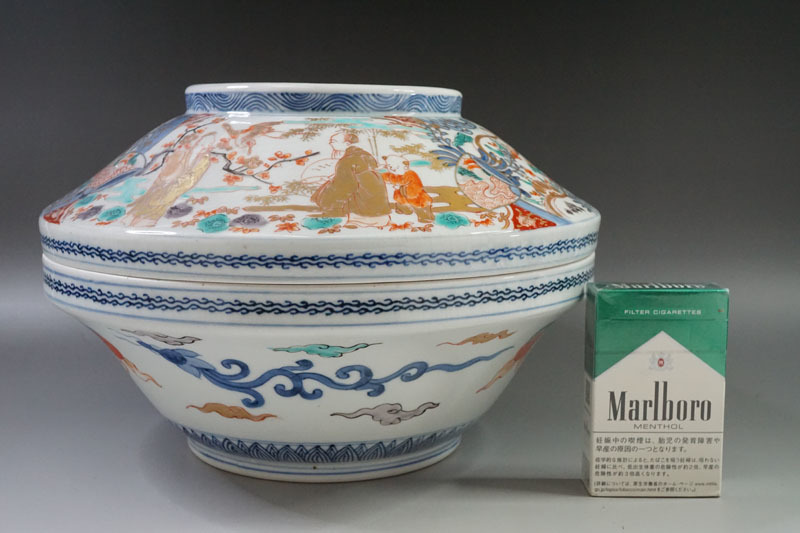 E154◇江戸後期 古伊万里金彩色絵高士吉祥文食籠 蓋物菓子器 古伊万里
