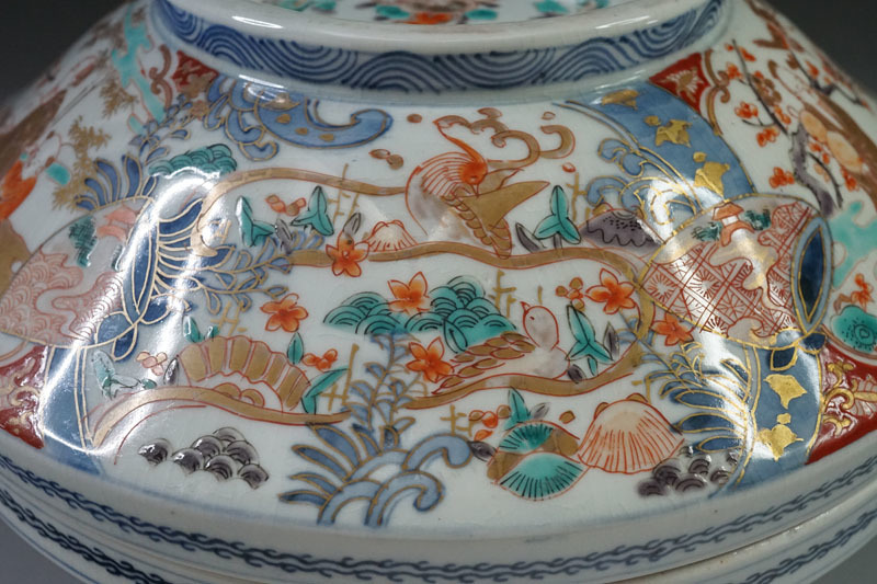 E154◇江戸後期 古伊万里金彩色絵高士吉祥文食籠 蓋物菓子器 古伊万里