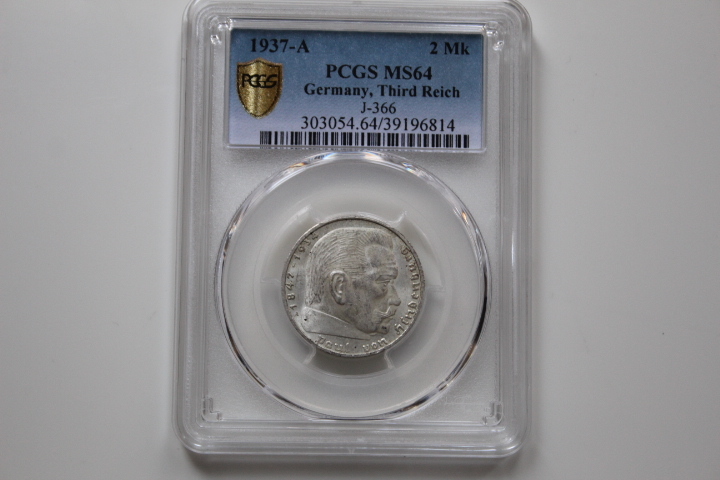 1937年☆ドイツ☆第三帝国☆2マルク☆銀貨☆ヒンデンブルク☆PCGS MS64