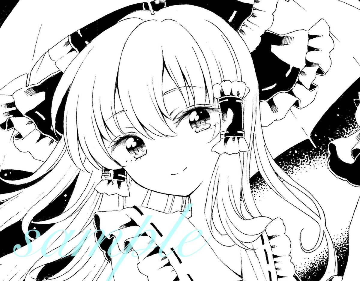 同人手描きイラスト 東方project 博麗霊夢 モノクロ(手描きイラスト