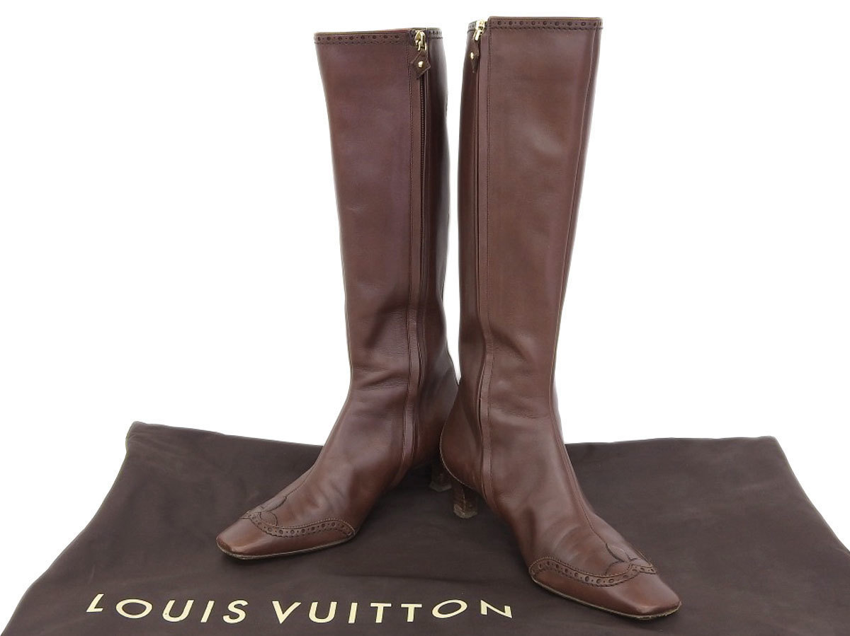 爆買い，定番 LOUIS VUITTON ルイヴィトン ウィングチップ レディース ロングブーツ スクエアトゥ レザー 茶 ブラウン 38 1/2 25.5cm 20190121(25.0cm以上)｜売買されたオークション情報、yahooの商品情報をアーカイブ 靴