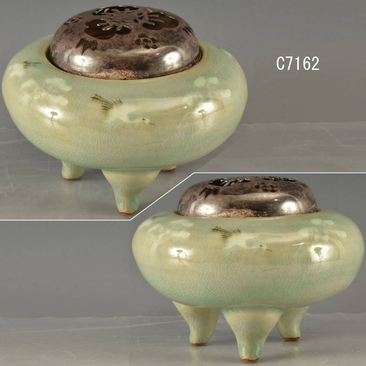 C07162 青磁雲鶴象嵌香炉 銀ホヤ62g：真作 青磁の中古品・新品・未 