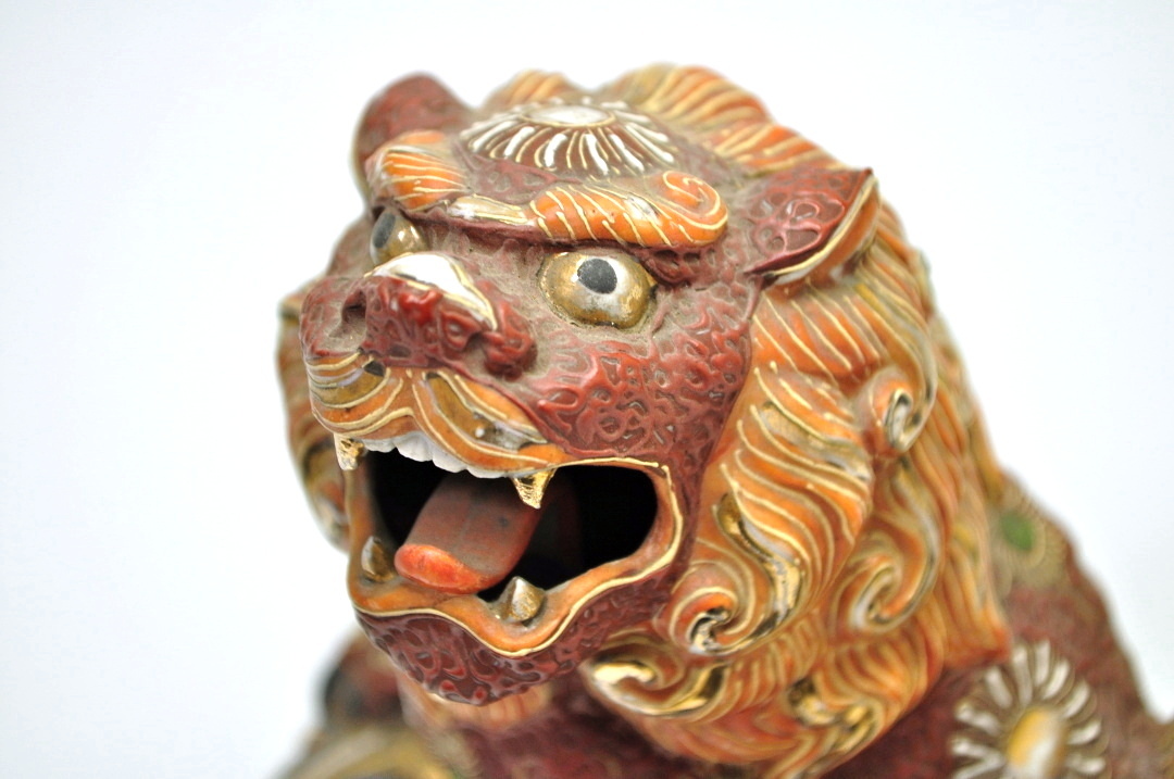 獅子形置物　福獅子　林俊亭作　交趾焼　陶磁器　福美　中国美術　陽刻　浮彫　在銘 獅子形置物 福獅子 林俊亭作 交趾焼 陶磁器 福美 中国美術 陽刻 浮彫