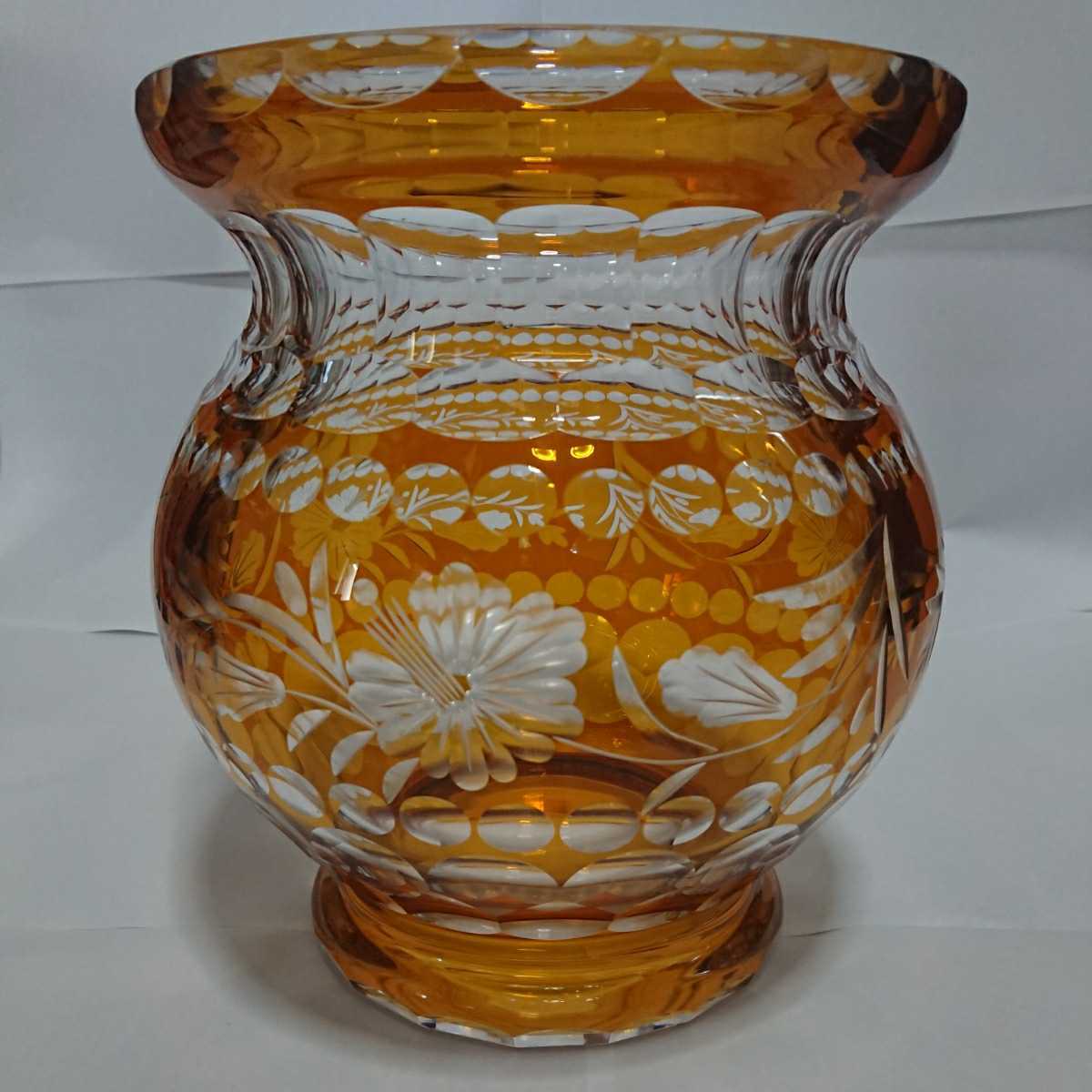 豪華 昭和レトロ 切子◇大花瓶 琥珀色/クリスタルガラス/花瓶 花生 大