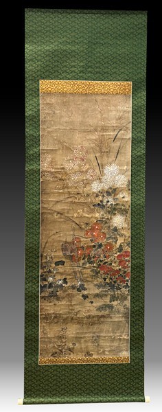尾形光琳⁄菊花之図⁄扇面菊図⁄日本画⁄額⁄掛軸⁄掛軸⁄名家伝来⁄Y-838の B