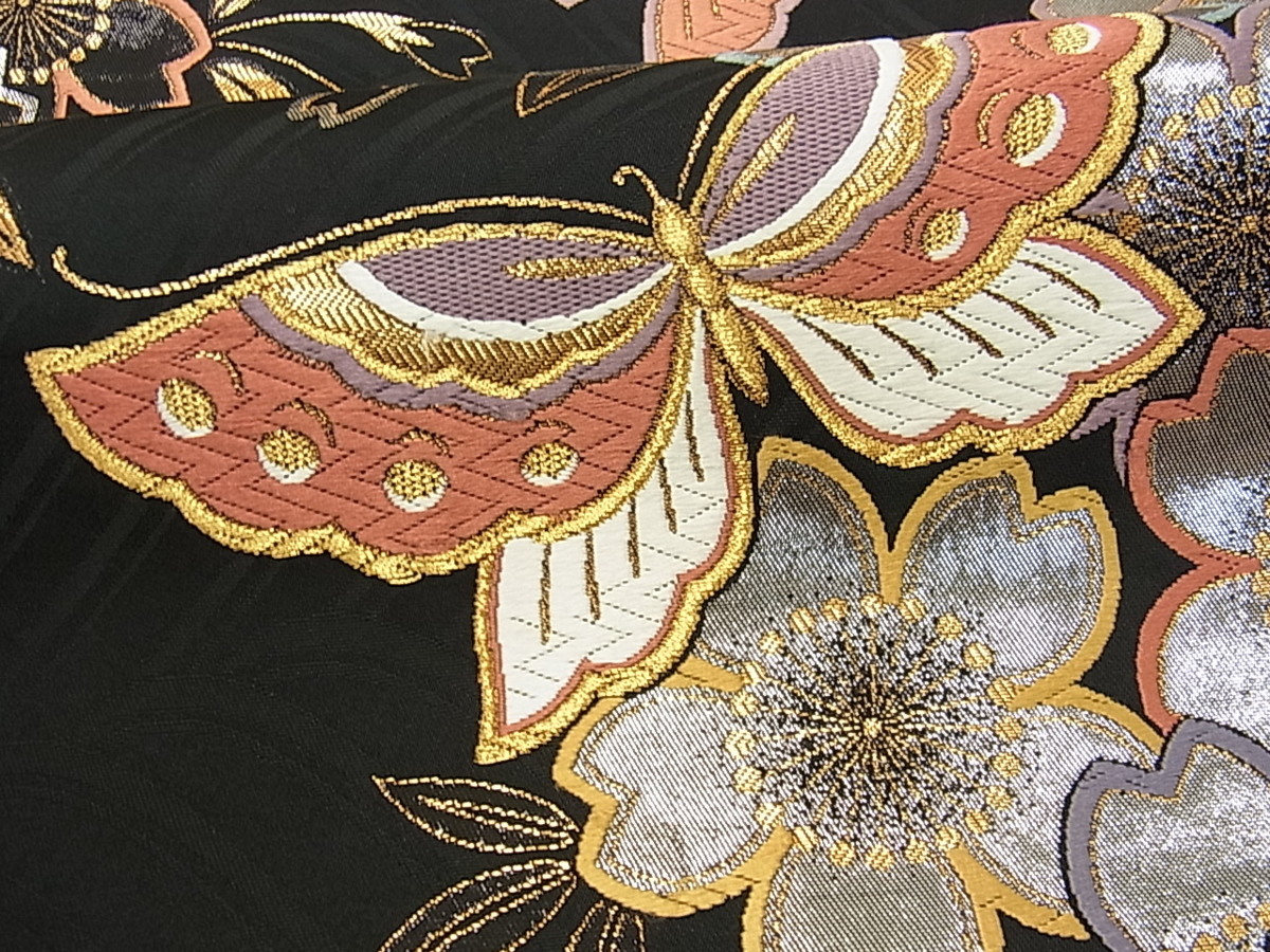 花美人□全通柄袋帯 唐織 夜桜に華麗に舞う蝶 黒地 金