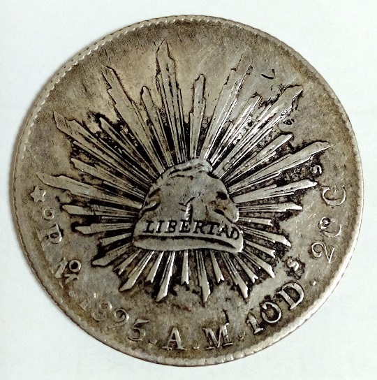 1888年- Mo MHメキシコ 8レアル 自由の帽子大型銀貨 荘印あり 1888年