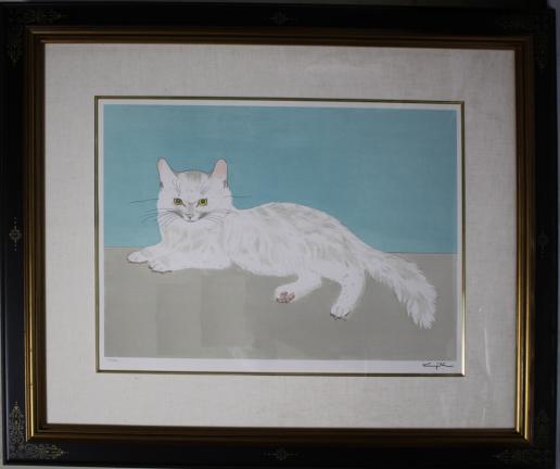 石版画（リトグラフ） サインと印譜 □真作□藤田嗣治「白い猫」 □真