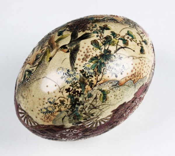 明治期 薩摩焼 細密造 金彩花鳥図蓋物 三足 卵形 希少品[N99q] xvpbvx