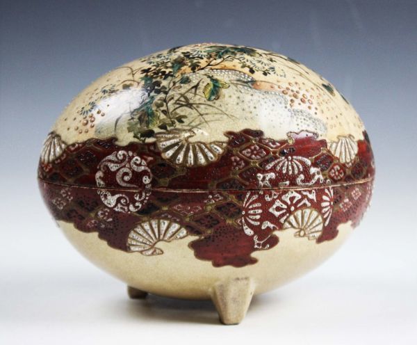 明治期 薩摩焼 細密造 金彩花鳥図蓋物 三足 卵形 希少品[N99q] xvpbvx