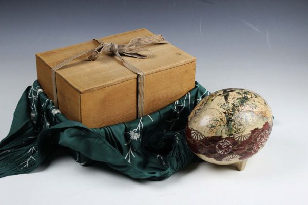 明治期 薩摩焼 細密造 金彩花鳥図蓋物 三足 卵形 希少品[N99q] xvpbvx