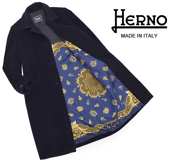 定価25万円 イタリア製 ヘルノ HERNO 伊製コロンボ生地 カシミヤ混ウール 最高級ロングコート 裏地シルク100% 紺/44 13-15 ...