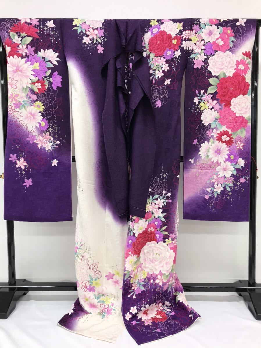 仮絵羽 振袖 刺繍 銀彩 銀通し 未仕立て品 正絹 八掛付 HOT049