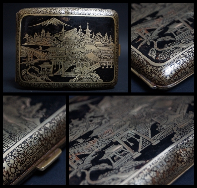 閑】明治期 金象嵌 金工細工『富士山水風景文』煙草入れ / 喫煙具