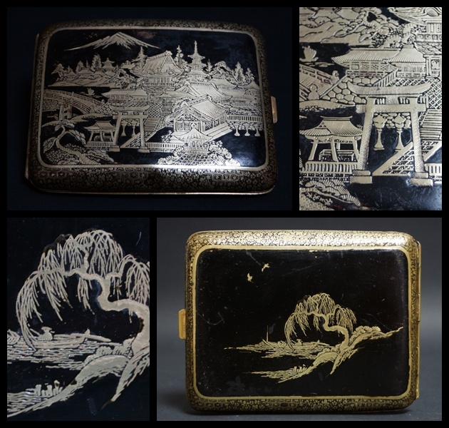 閑】明治期 金象嵌 金工細工『富士山水風景文』煙草入れ / 喫煙具