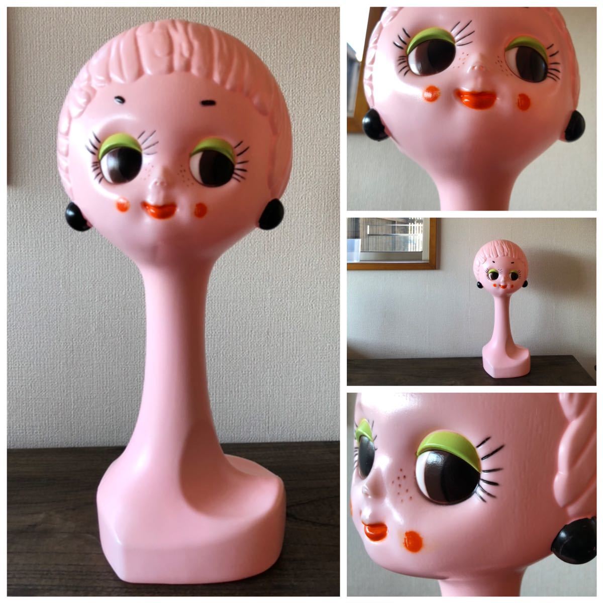 希少色ピンク成形 ヘッドマネキン ツイギー ツィッギー店舗什器 帽子 