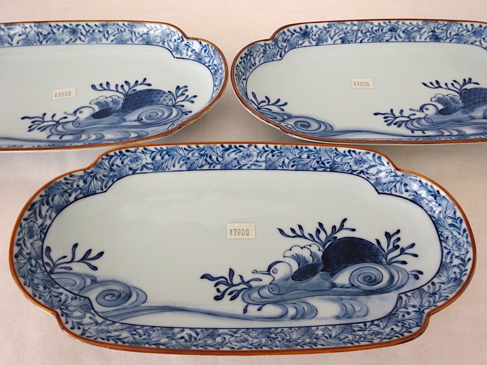 有田焼 源右衛門 染付 水鳥図 長皿 3客 懐石 長皿 27.5cm 有田焼