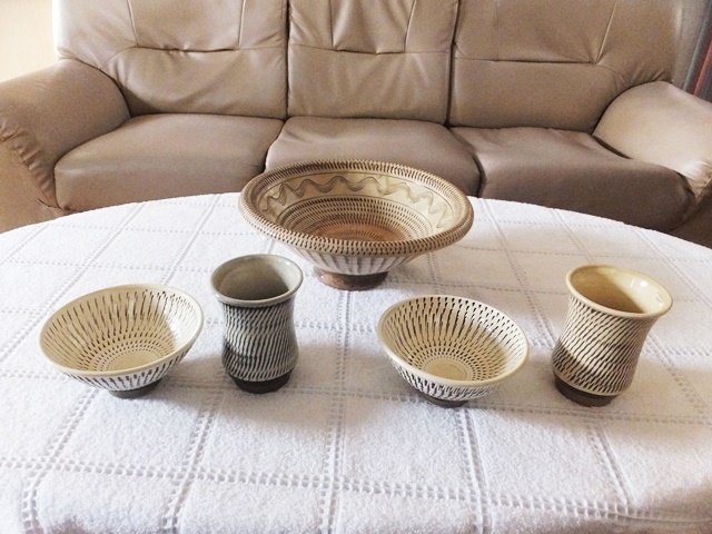 小石原焼（小鹿田焼）丸鉢と飯椀 湯飲みの5点セット（現状品）