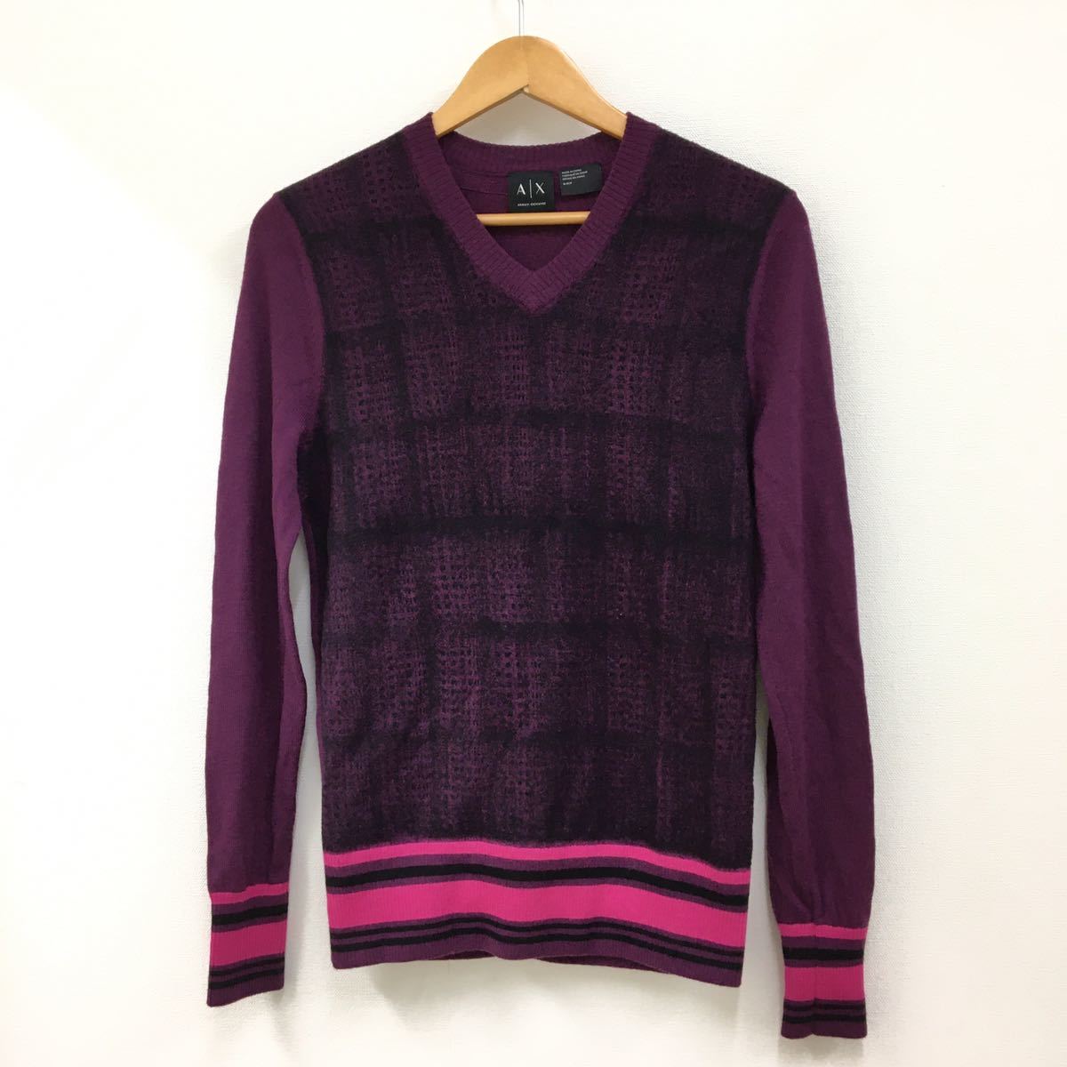 C040 A|X ARMANI EXCHANGE アルマーニ エクスチェンジ 薄手 ニット セーター ウール混 トップス メンズ S エンジ ピンク 総柄 アルマーニ Armani ARMANI エクスチェンジ Silicone Bracelet