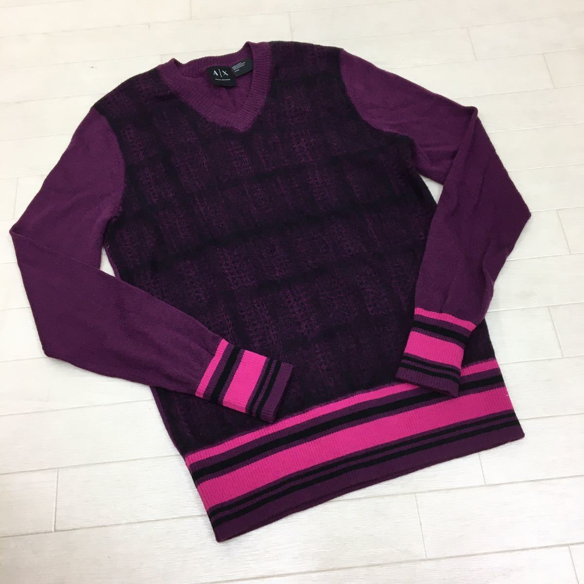 C040 A|X ARMANI EXCHANGE アルマーニ エクスチェンジ 薄手 ニット セーター ウール混 トップス メンズ S エンジ ピンク 総柄 アルマーニ Armani ARMANI エクスチェンジ Silicone Bracelet