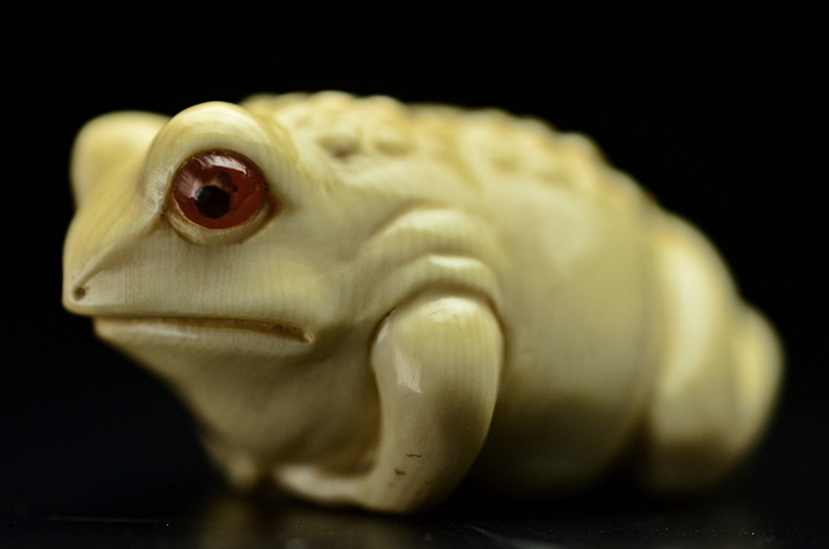 時代物　マンモス　根付 蛙 カエル カタツムリ　蝸牛在銘あり　和装 根付蒐集家競売03】極上マンモス牙彫根付『蟾蜍・蛙』在銘:忠盛☆提げ