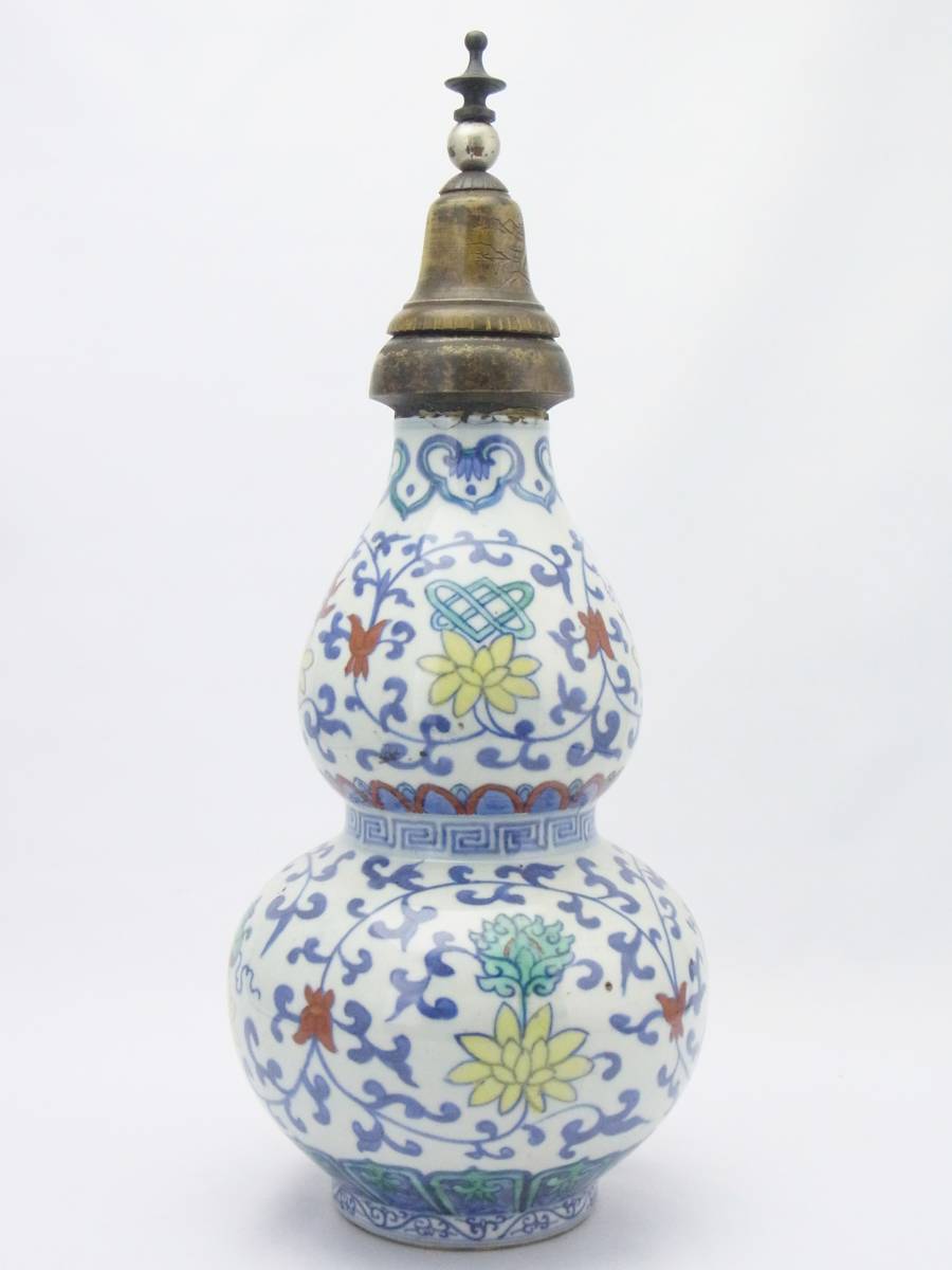 白翼】 乾隆年製 色絵 瓢型 徳利 彫金宝塔 卒塔婆 ☆ 煎茶道具 中国