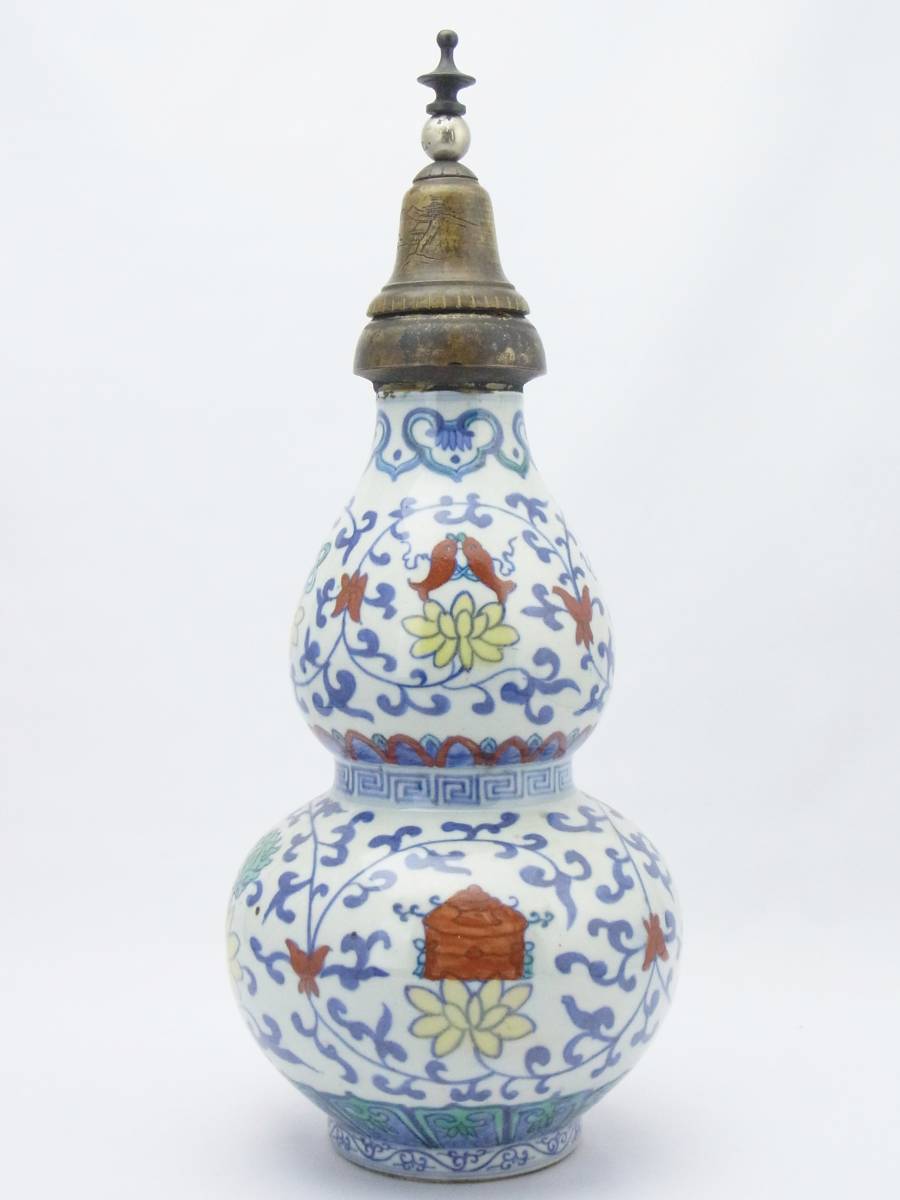 白翼】 乾隆年製 色絵 瓢型 徳利 彫金宝塔 卒塔婆 ☆ 煎茶道具 中国