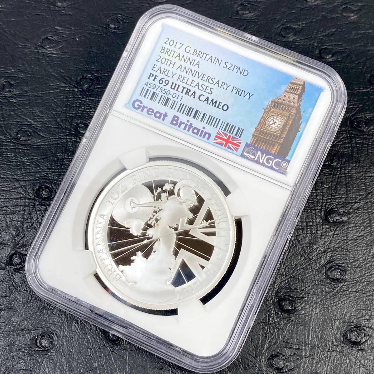 イギリス 0 ブリタニア 2ポンド エリザベス2世 銀貨 NGC 20周年記念