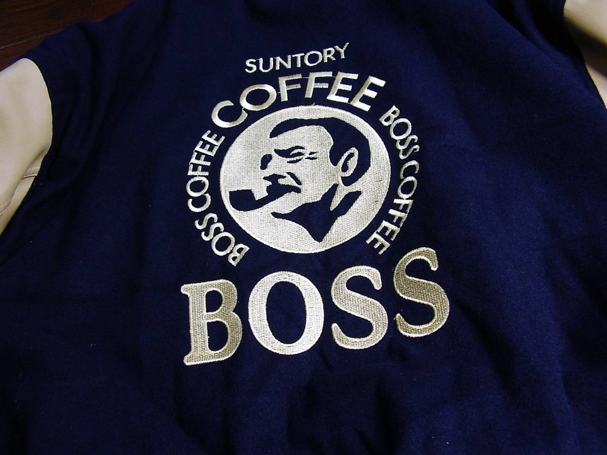 SUNTORY BOSS ボスジャン スタジャン 袖レザー L 刺繍 紺 牛革 