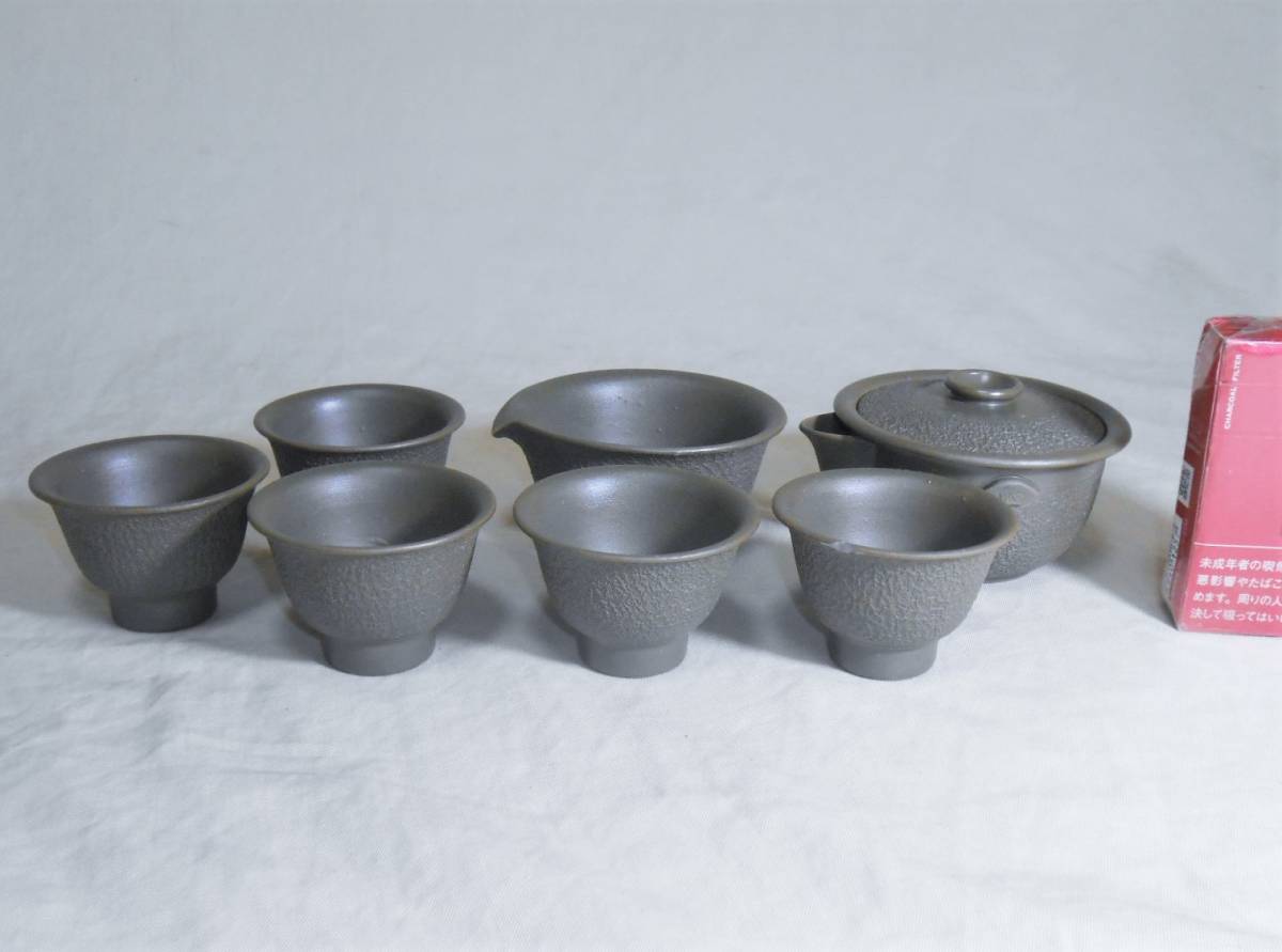 藤田龍峰 備前焼 煎茶器 共箱 いたみ有り 宝瓶 湯冷まし 煎茶碗5