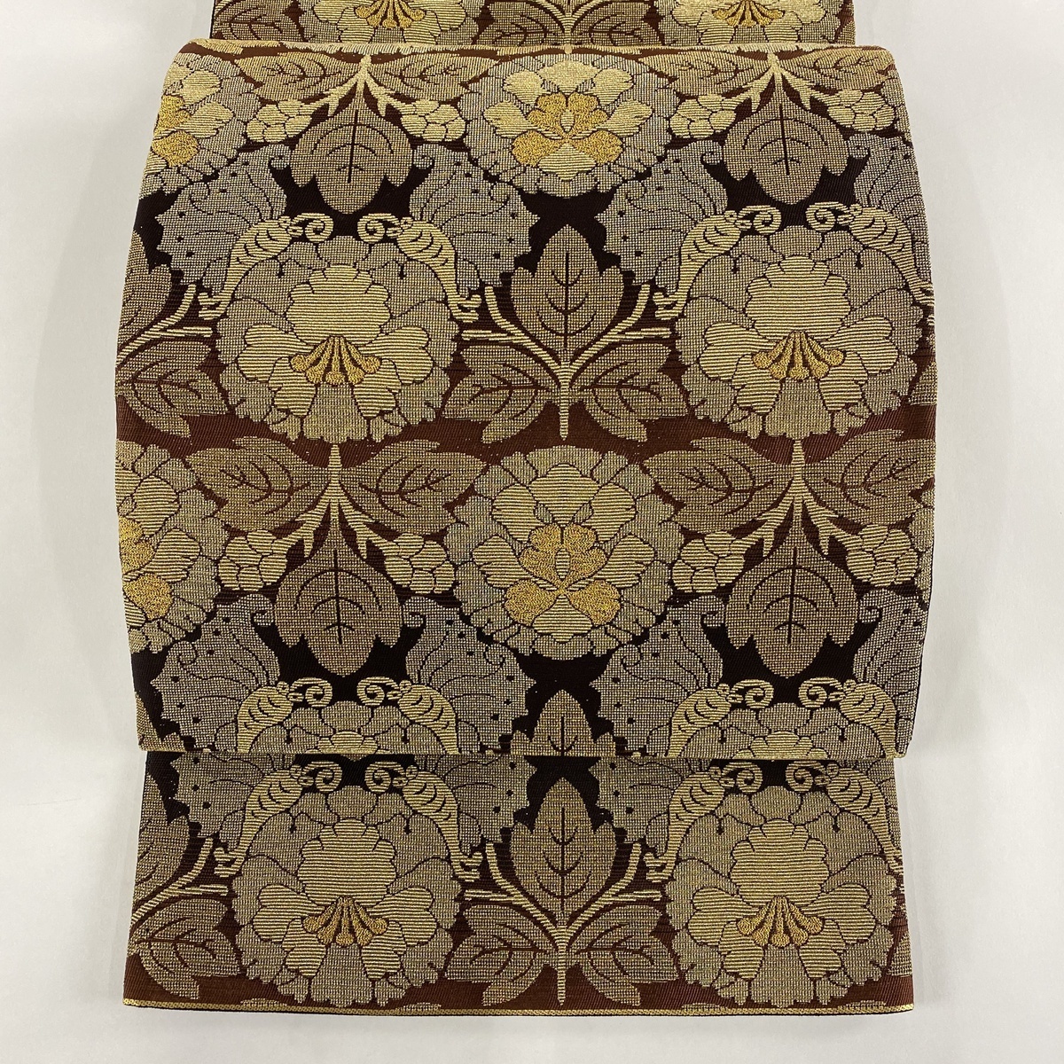 袋帯 美品 名品 草花 蝶 金糸 輪奈織 茶紫 六通 正絹 【中古】 【公式 