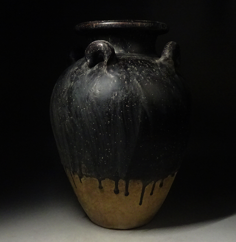 緑屋ic□ クメール 黒褐釉 時代物 四耳 大花瓶 大壺 幅