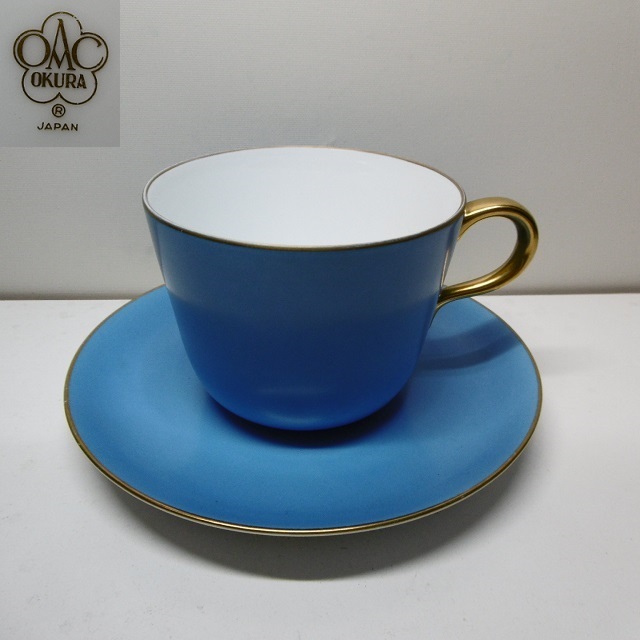 美品【 大倉陶園 】色蒔き ライトブルー モーニング カップ＆ソーサー