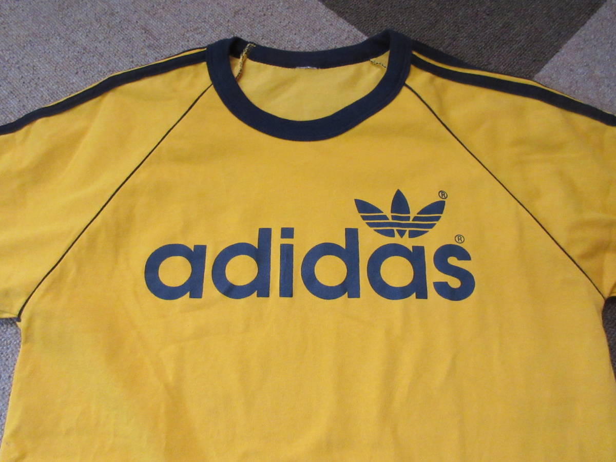 80s adidas リンガーTシャツ Mくらい 黄色x紺 トリム アディダス 
