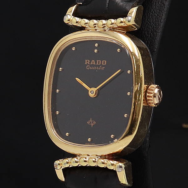 1円★稼働品【RADO/ラドー】706.9007.2　スイス製　黒文字盤　レザー/黒　QZ　レディース腕時計　A0075783