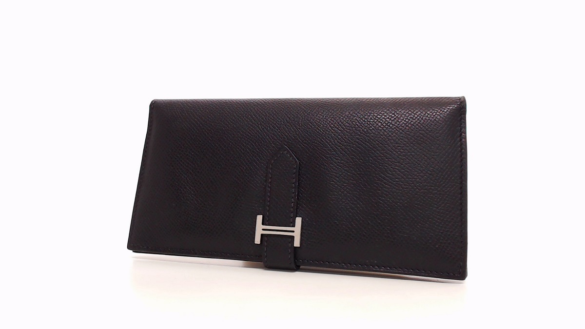 1円美品☆エルメス☆ベアン クラシック エプソン 2つ折り長財布 黒 SV 