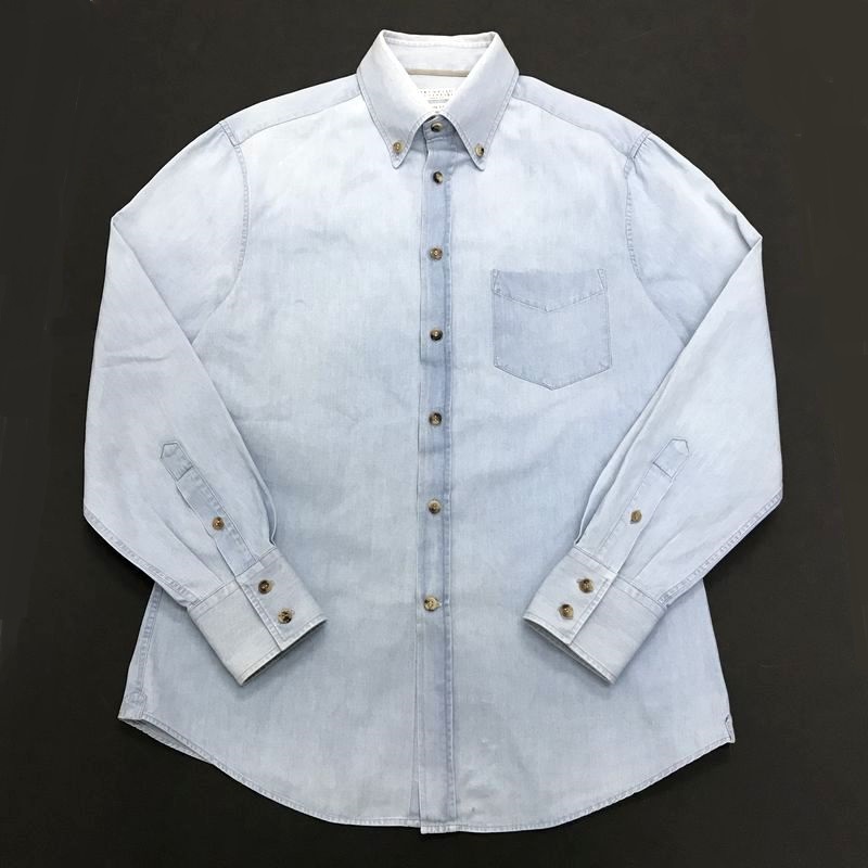 Brunello Cucinelli ブルネロクチネリ C313 ウォッシュ加工 上質 綿 コットン ボタンダウン デニムシャツ メンズ M SLIM FIT イタリア製