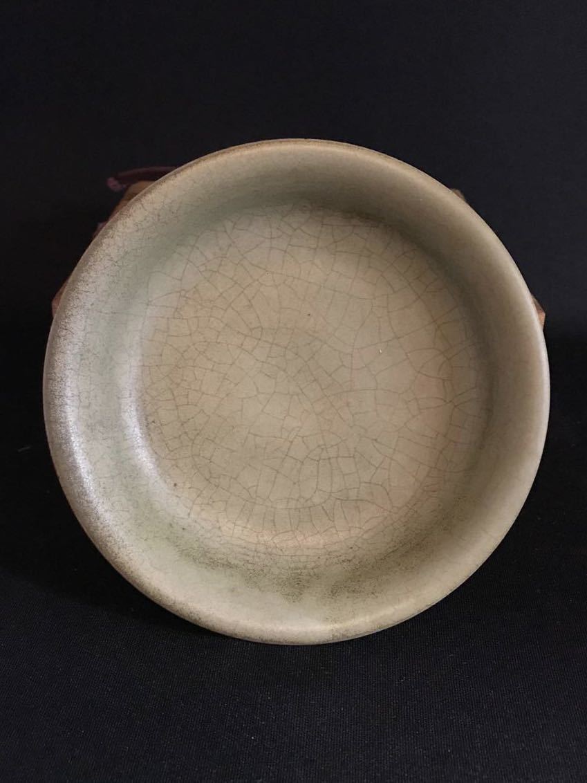 中国古玩 明時代 大明弘治年製 黄地釉 檸檬釉 古染付青花唐草紋大皿 賞