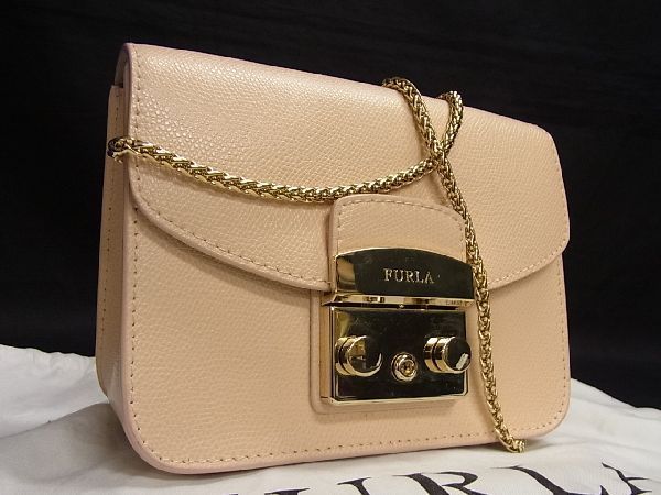 1円 ■新品■未使用■ FURLA フルラ ロゴ メトロポリス レザー ゴールド金具 チェーン ショルダーバッグ 肩掛け ピンク系 K6337sP